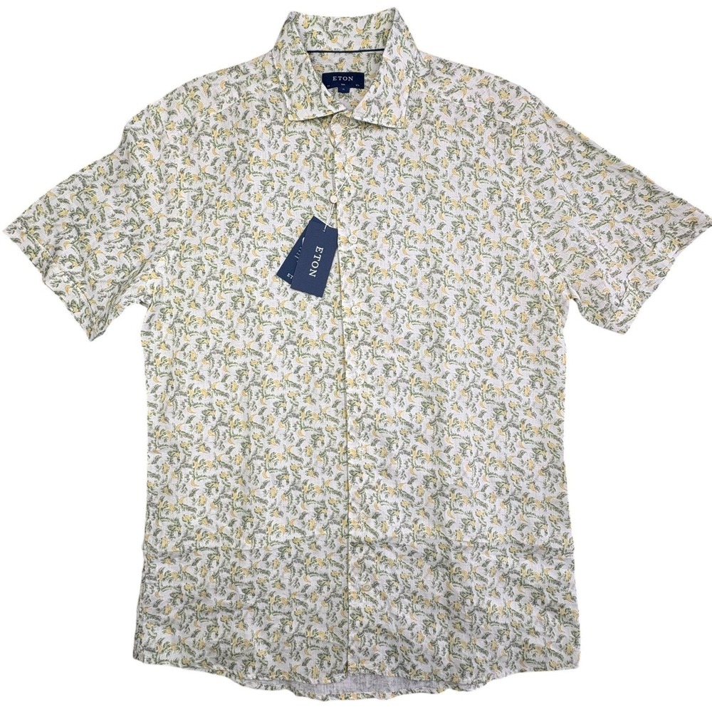 ETON 100% Linen Motif Shirt Mens XL 17.5 Slim Fit Tropical Bananas Resort NWT